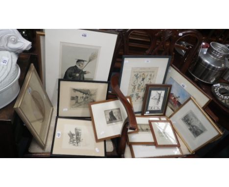 A watercolour portrait of an 18th century gent, 'William Tindall', together with a further collection of pictures and prints,