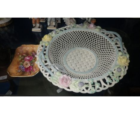 A coloured Belleek basket effect bowl and a Worcester pin-tray