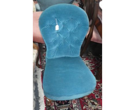 A Victorian bedroom chair, upholstered in blue material with maker's stamp 'Johnstone & Jeanes, 67 New Bond Street, London' a