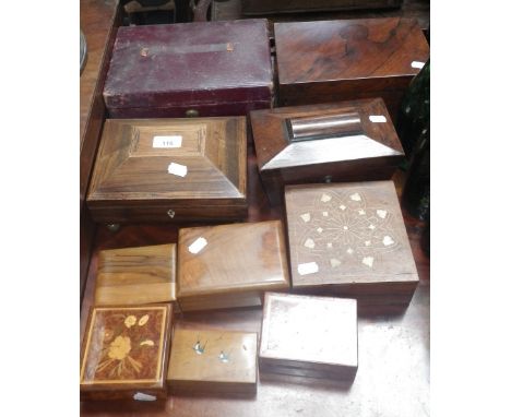 A Regency rosewood tea caddy and a collection of similar boxes