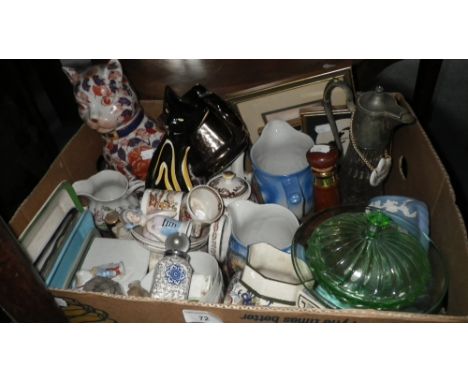 A large ceramic cat, a quantity of decorative ceramics and similar items