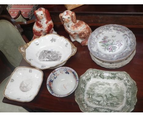 A matched pair of 19th century Staffordshire dogs, a Spode transfer decorated  dish and a collection of similar ceramics