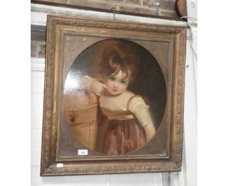 A 19th century oval oil on canvas portrait of a small girl leaning on a fence
