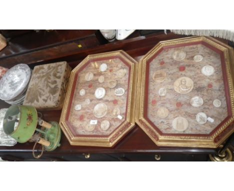 A collection of plaster 'Grand Tour' style plaques, in a gilt octagonal frame, another similar, a Victorian stool with intern