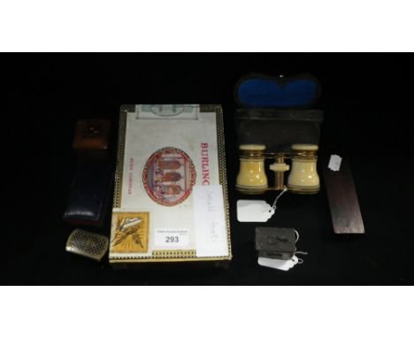 A 19th century papier mache snuff box, a pair of opera glasses, a Sovereign balance and other items contained in a cigar box
