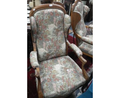 A pair of 19th century French armchairs, upholstered in tapestry style material