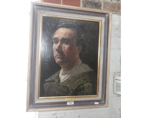 George Robey: An oil on canvas portrait of a man wearing a green smock, the frame with label 'Sir George Robey, CBE (1869 - 1