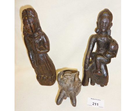 Antique Folk Art carved wooden figure of lady, African Tribal art wooden figure and burnished pot