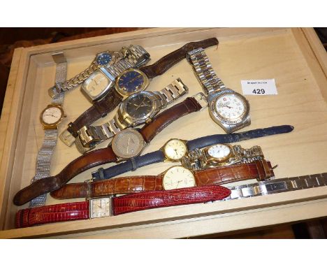 Wooden wrist watch cabinet with twelve drawers containing various watches including Seiko, Raymond Weil, etc, some vintage 