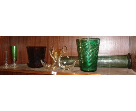 Large green glass vase, amber glass flower pot with tray, a glass spaghetti storage jar, etc