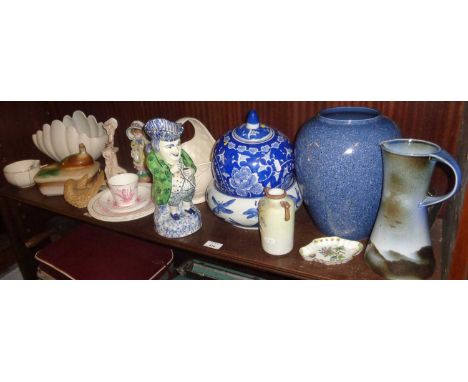 Assorted china and pottery including Kensington Ware flower vase, a snuff taking Toby Jug, a figurine of a girl signed Zampiv