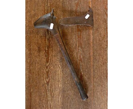 Tribal Art - antique African tribal axe/club with steel blade and carved wood animal head
