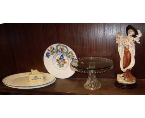 Vintage glass cake shop display stand, two meat platters, a Lurpak butter dish, etc