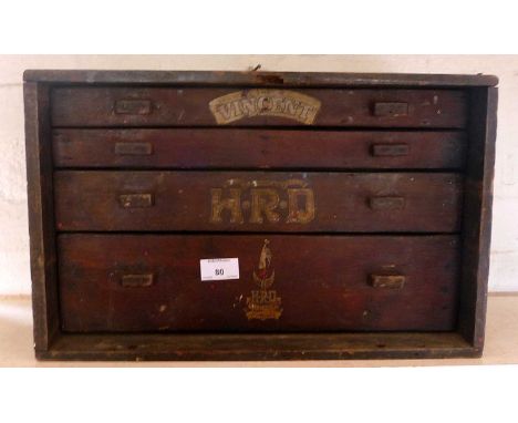 Rare Vincent HRD company motorcycle mechanics wooden toolbox with drawers
