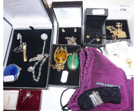 Collection of jewellery, mostly gold plate over silver. Makes include Adami and Martucci, a Ruskin pottery Arts &amp; Crafts 