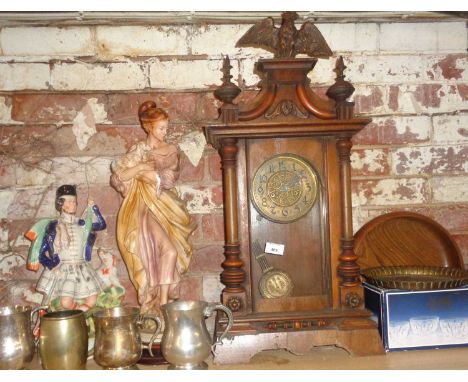 Victorian German table clock, Staffordshire figure (A/F), a painted plaster figure of a lady and other items 