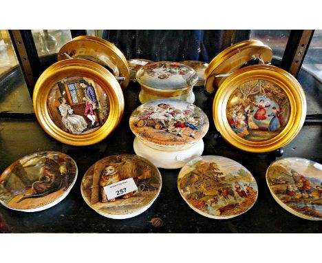 Collection of seven Prattware pot lids including "The Children of Flora" and "High Life" and "Low Life"