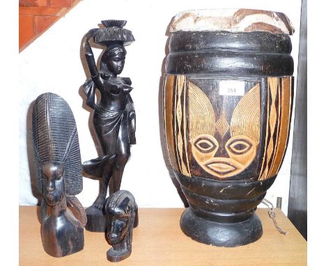 Tribal Art - African drum and three carved wood figures 