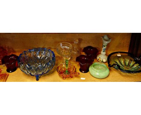Pressed glass including blue fruit bowl and a mid-century amethyst and blue swirled Art Glass dish