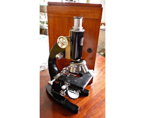 Vintage monocular microscope with wooden case by C.Baker, London, Model.No 32248