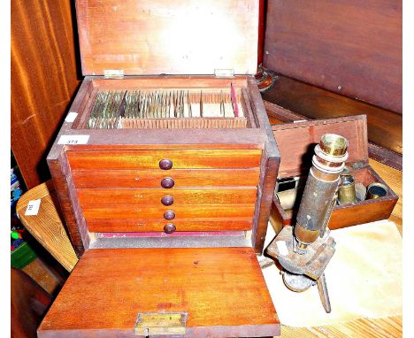 Scientific Instruments - a mahogany cased set and drawers full of microscope slides and a Parkes &amp; Son microscope with ac
