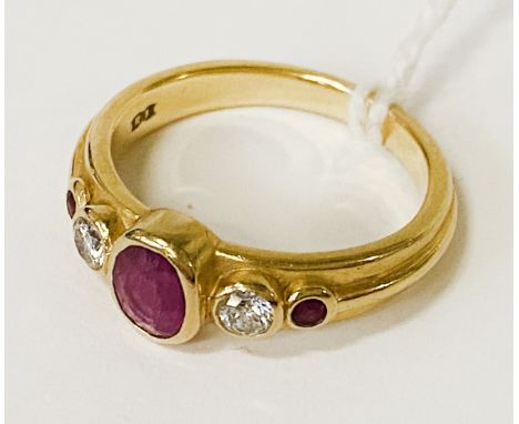 18CT GOLD RUBY &amp; 2 DIAMOND RING SIZE M - 5.3 GRAMS APPROX