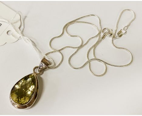 STERLING SILVER LEMON TOPAZ TEAR DROP PENDANT &amp; CHAIN
