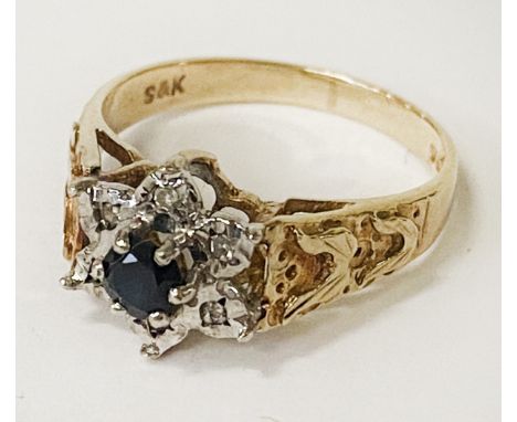 9CT GOLD DIAMOND &amp; SAPPHIRE CLUSTER RING - SIZE O - 3.4 GRAMS APPROX