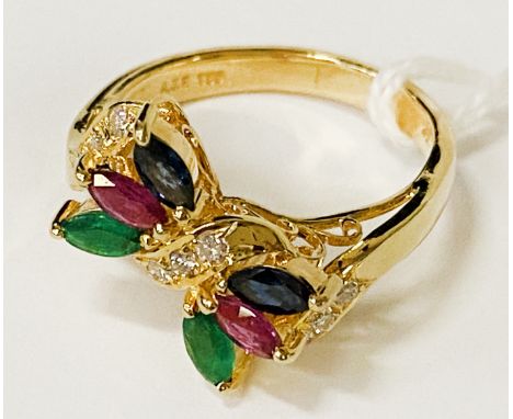 18CT GOLD EMERALD, RUBY, SAPPHIRE &amp; DIAMOND RING - SIZE Q - 5.7 GRAMS APPROX