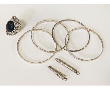 QTY OF SILVER STAMPED BANGLES WITH A MIDDLE EASTERN SILVER RING AND PROPELLING PENCILS
