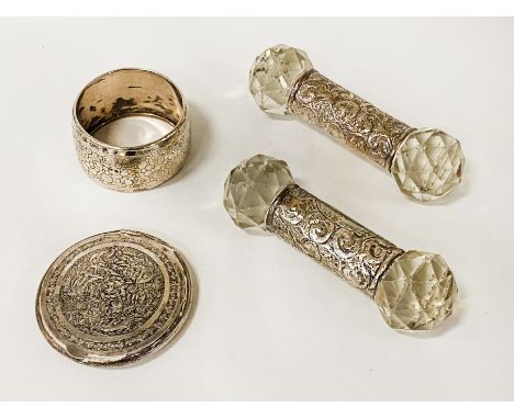 H/M SILVER &amp; CRYSTAL KNIFE RESTS WITH SILVER COMPACT &amp; SERVIETTE RING