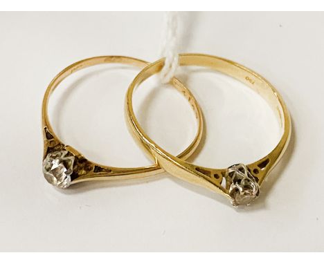 TWO 18CT GOLD &amp; DIAMOND SOLITAIRE RINGS - SIZES R &amp; SIZE P - 3.3 GRAMS APPROX