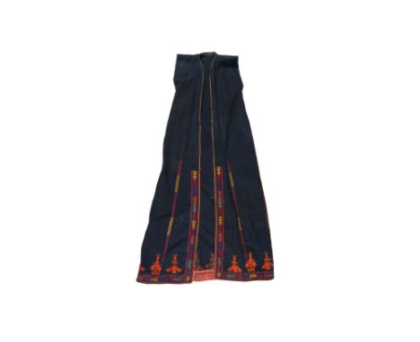 A PALESTINIAN SLEEVELESS INDIGO BLUE-DYED LINEN JILLAYEH COAT WITH KASSABA EMBROIDERY Bethlehem or Jerusalem, Holy Land, circ