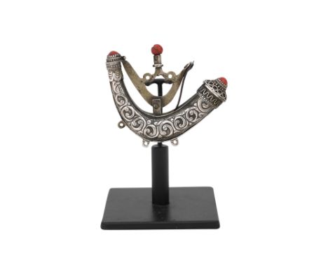 AN ALGERIAN CORAL-SET SILVER AND WHITE METAL MINIATURE GUNPOWDER FLASK Algeria, North Africa, second half 19th centuryOf exag
