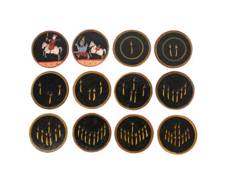 A SET OF POLYCHROME-PAINTED LACQUERED ONE HUNDRED AND TWENTY (120) DASHAVATARA GANJIFA PLAYING CARDS WITH LIDDED BOX Possibly