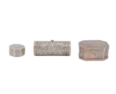 THREE SMALL SOUTH EAST ASIAN SILVER REPOUSSÉ SNUFFBOXES Malay Peninsula, Sumatra (Indonesia), and Burma (Myanmar), early to m