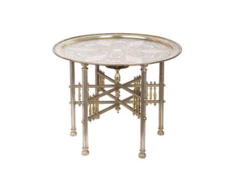 A MAMLUK-REVIVAL DAMASCUS-WARE SILVER AND COPPER-INLAID BRASS OCCASIONAL TABLE Damascus, Ottoman Syria, early 20th centuryThe