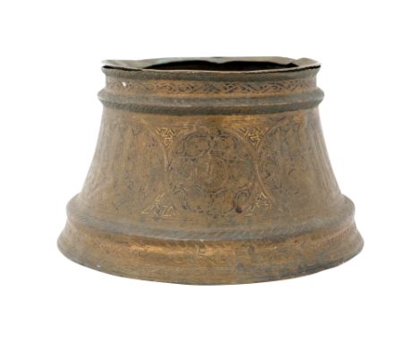 A MAMLUK GOLD AND SILVER-INLAID BRASS CANDLESTICK BASE Possibly Syria or the Levant, 14th centuryOf characteristic splayed tr