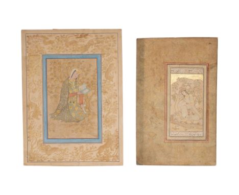 TWO ARCHAISTIC PORTRAITS OF PERSIAN SAFAVID LADIES IN A GARDEN SETTING PROPERTY FROM A CANADIAN COLLECTION Qajar Iran, late 1