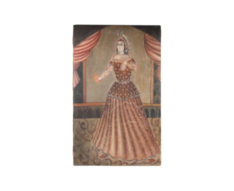 A QAJAR-REVIVAL COFFEE-HOUSE STYLE PORTRAIT OF A COURTLY MAIDEN Iran, first half 20th centuryOil on canvas, depicting a large