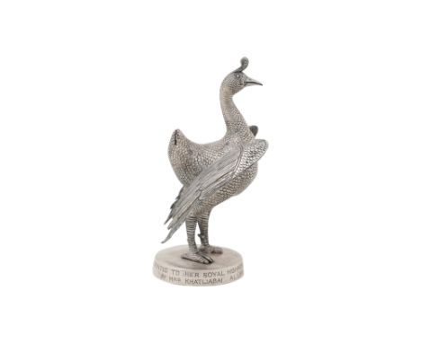 A SILVER PEACOCK FIGURINE WITH A DEDICATION TO HER ROYAL HIGHNESS THE PRINCESS AGA KHAN Possibly Mumbai, Maharashtra, Central