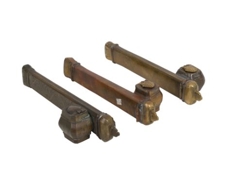 THREE ISLAMIC BRASS PEN CASES WITH INKWELLS (DAWAT) Possibly Turkey or Egypt, 20th CenturyComprising three narrow rectangular