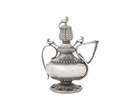 AN INDIAN SILVER WINE OR SPIRIT FLASK (CHUSKI) Rajasthan, India, 19th centuryOf bulbous shape with a flaring ribbed neck, the
