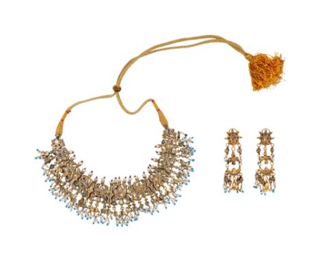 AN INDIAN CHOKER AND A PAIR OF EARRINGS WITH MOON AND FISH MOTIF PROPERTY FROM A PRIVATE FAMILY COLLECTION Northern India, 20
