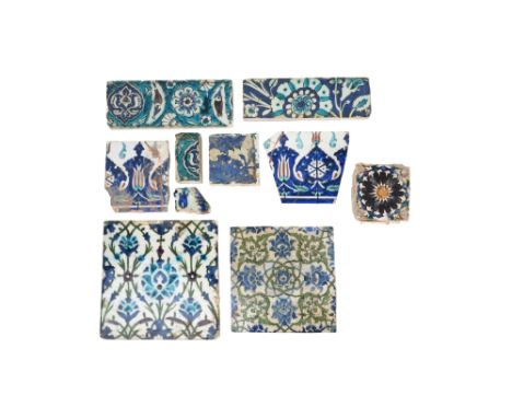 TWO OTTOMAN DAMASCUS POTTERY TILES AND OTHER TILE FRAGMENTS Mostly Damascus, Ottoman Syria and Spain or Morocco, mostly 16th 