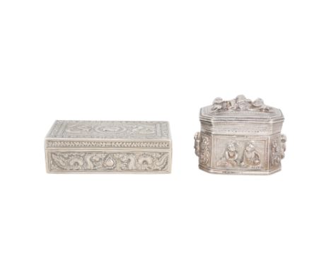 TWO BURMESE SILVER REPOUSSÉ BOXES WITH DRAGON AND FIGURAL MOTIFS Burma (Myanmar), South East Asia, late 19th - 20th centuryCo