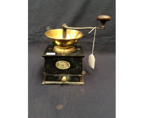 A late 19th century cast and copper coffee grinder, Kenrick &amp; Sons, together with a flat iron and stand
