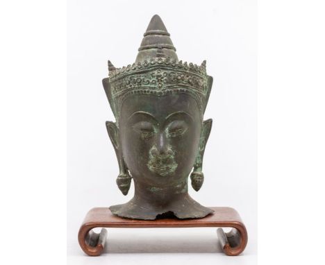A Thai bronze crowned Buddha head in 18th century Ayutthaya Kingdom style, 20th century, 23cm high the head approx 23cm high,