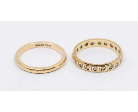 A 9ct gold and white topaz set band, width approx 3mm, size L, along with a narrow 9ct gold band, width approx 2mm, size K, c