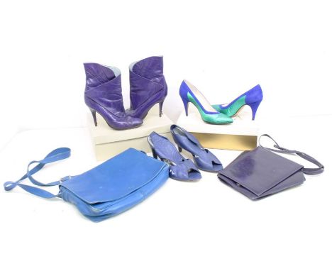 A collection of leather boots and matching handbags to include purple stiletto ankle boots, together with All Saints open toe